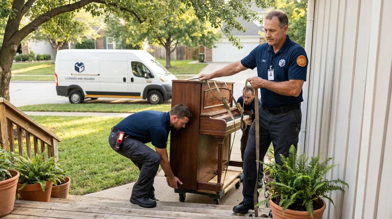 Licensed piano movers securing grand piano in Lempster, NH