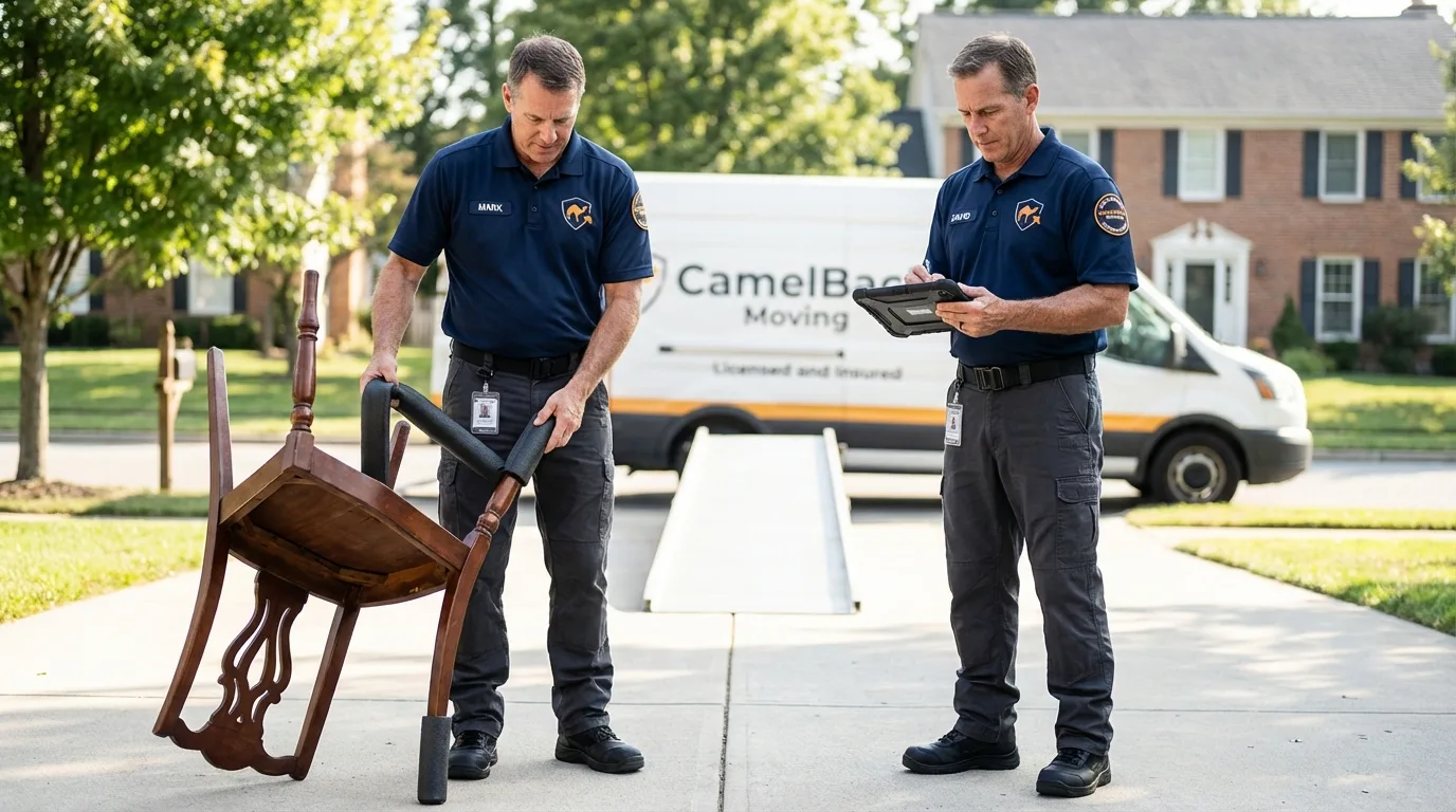 Movers inspecting furniture for damage prevention before loading in Lempster, NH