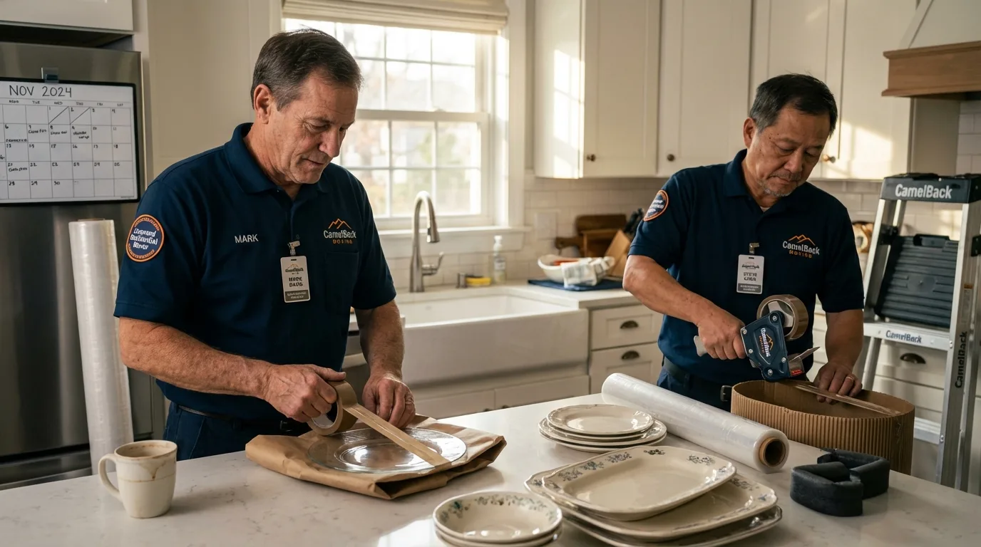 Professional crew packing kitchen dishware in Lempster, NH